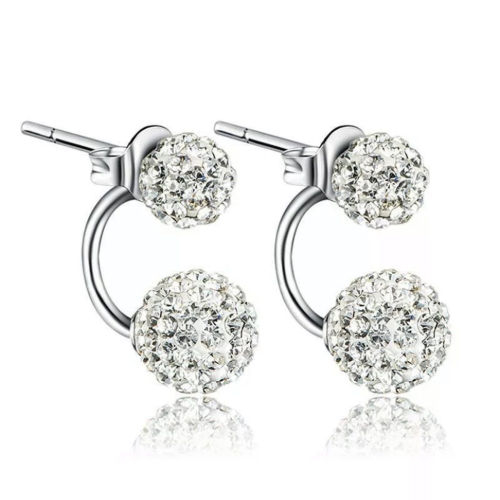 Silver Double Beaded Rhinestone Crystal  Earrings - Picture 2 of 4